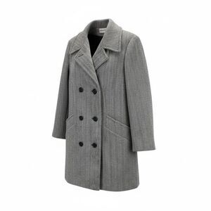 Vintage Black & White Herringbone Wool Peacoat Double Breasted Tailored Coat M